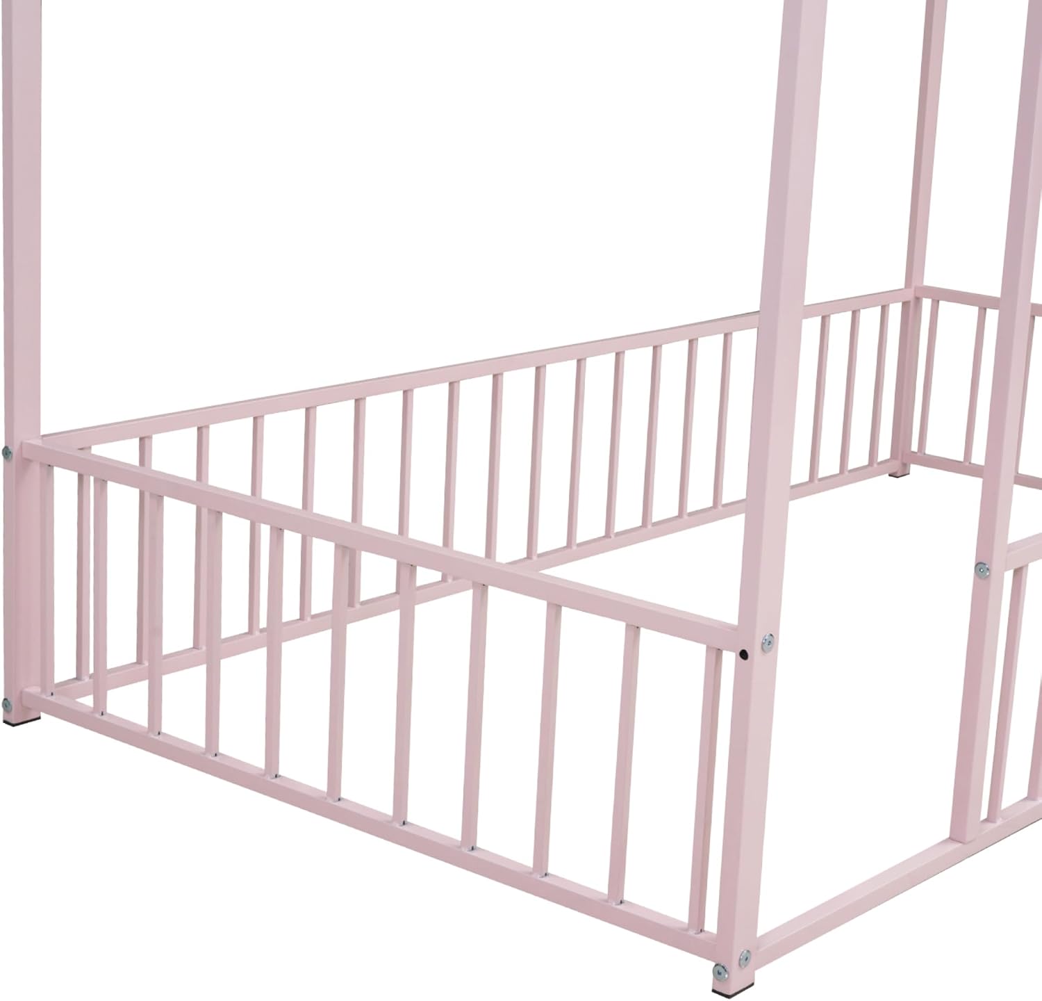 Bellemave Twin Size Montessori Floor Bed, Metal House Bed Frame, House Floor Bed for Kids, with Fence, Playhouse for Kids, Pink with roof
