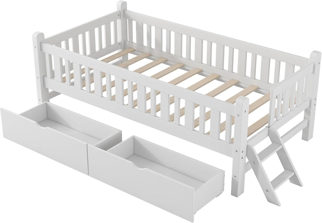 VilroCaz Twin Size Platform Bed with Guardrail and 2 Drawers, Wood Kids Platform Bed Frame with Two-Step Ladder for Boys Girls, Sturdy Slats Support (White-1.26)