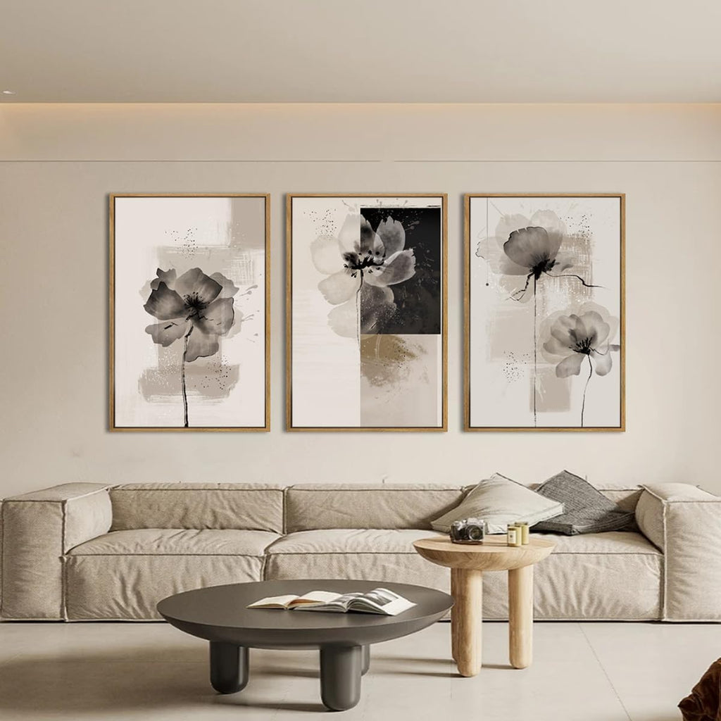 IARTTOP Large Framed Neutral Abstract Wall Art 24x36 Inch Oversized Modern Beige Gray Floral Canvas Wall Decor Minimalist White Flower Art Prints for Living room Bedroom Set of 3