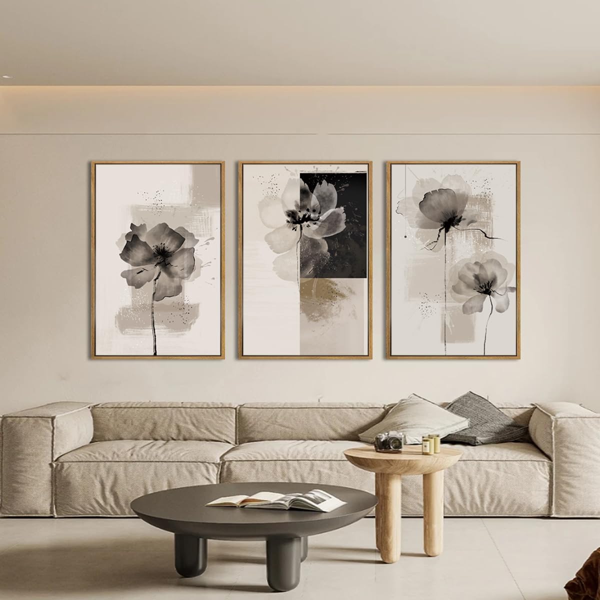 IARTTOP Large Framed Neutral Abstract Wall Art 24x36 Inch Oversized Modern Beige Gray Floral Canvas Wall Decor Minimalist White Flower Art Prints for Living room Bedroom Set of 3