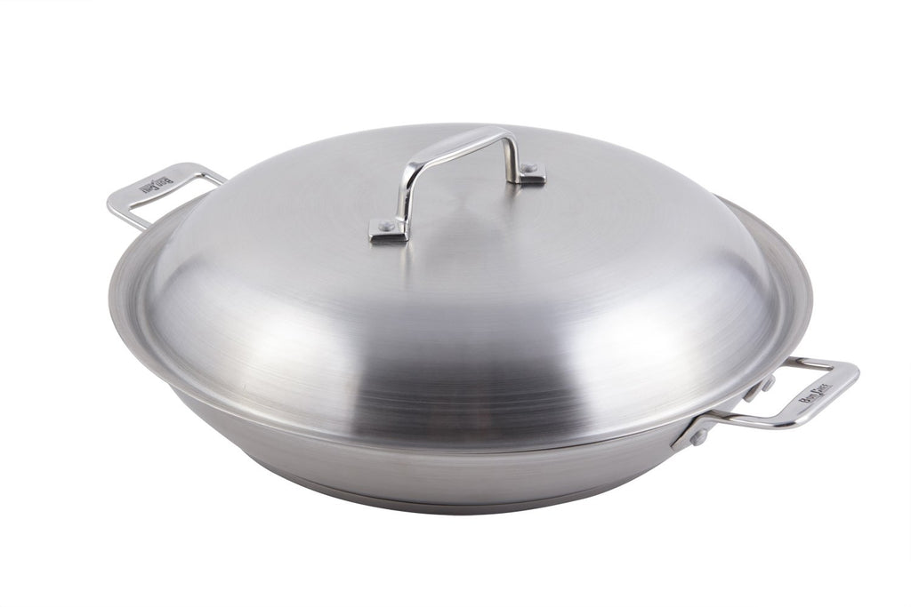 Bon Chef 60006 Stainless Steel Induction Bottom Cucina 13' Braiser Pan with Lid, 3-1/2 Quart Capacity, 16-19/32' Length x 13-3/32' Width x 5-19/32' Height