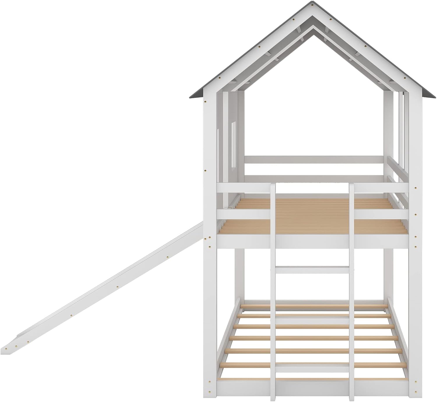 Polibi Slide Wooden Bunk Bed with Windows, Ladder, Guardrails and Twin Size in White