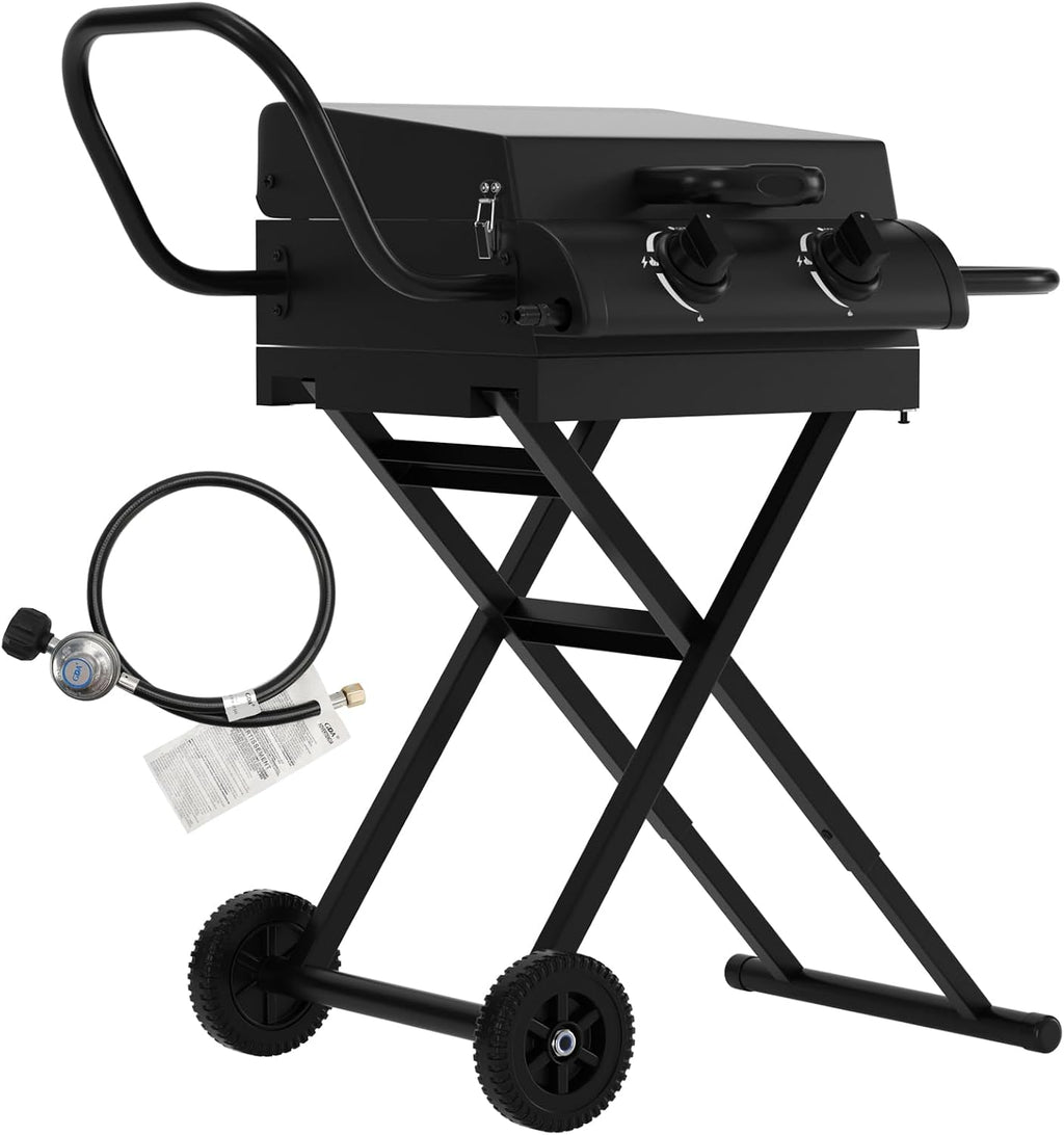 Portable Propane Griddle Grill with Hood, Side Shelf, & Adjustable Heat Zones - Folding Gas Grill for Outdoor Cooking Patio Backyard Camping RV Tailgating
