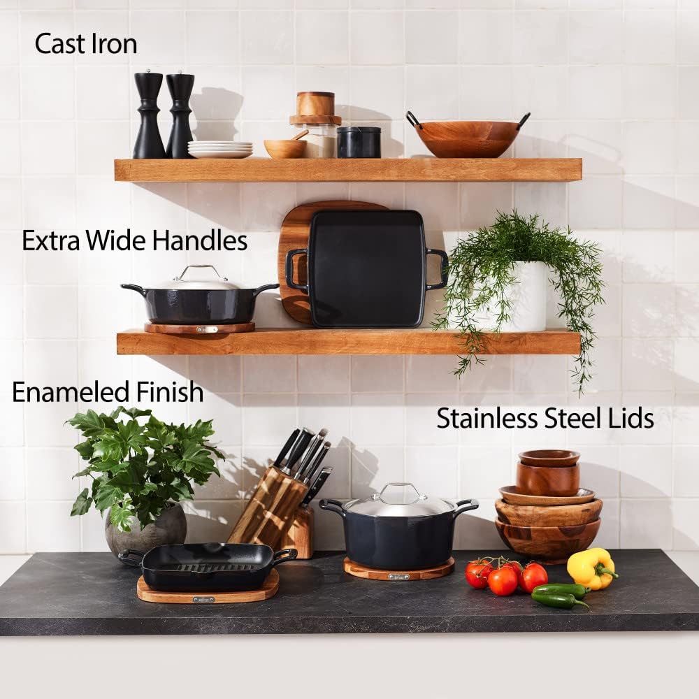 All-Clad Cast Iron Enameled Deep Skillet with Acacia Trivet 10 Inch Induction Oven Broiler Safe 650F Pots and Pans, Cookware Black
