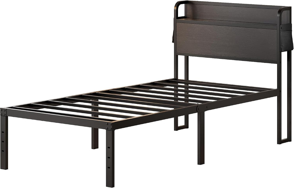 Maenizi 16 Inch Twin Bed Frames with Headboard, Twin Metal Bed Frame Storage Wood Headboard No Box Spring Needed, Noise Free, Black