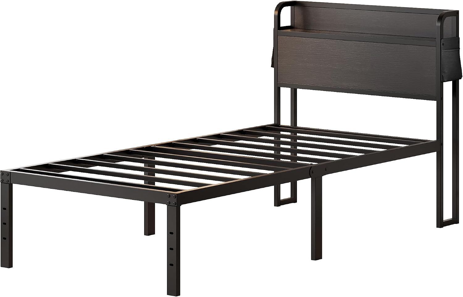 Maenizi 16 Inch Twin Bed Frames with Headboard, Twin Metal Bed Frame Storage Wood Headboard No Box Spring Needed, Noise Free, Black