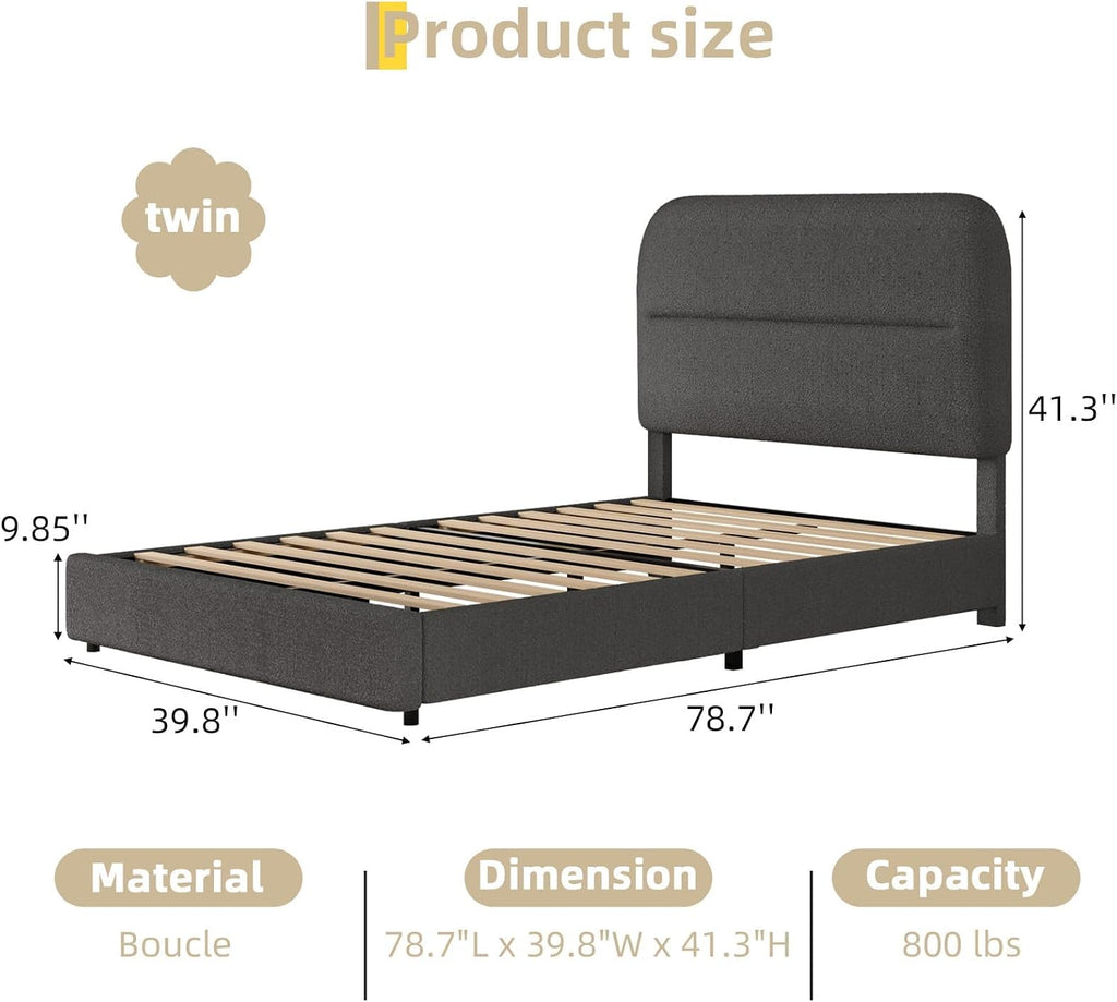 HOMBCK Twin Bed Frames, Upholstered Twin Bed Frame with Rounded Headboard, Soft Modern Twin Size Boucle Bed Frame with Thickened Footboard, Rounded Corners, No Box Spring Needed, Easy Assembly, Grey