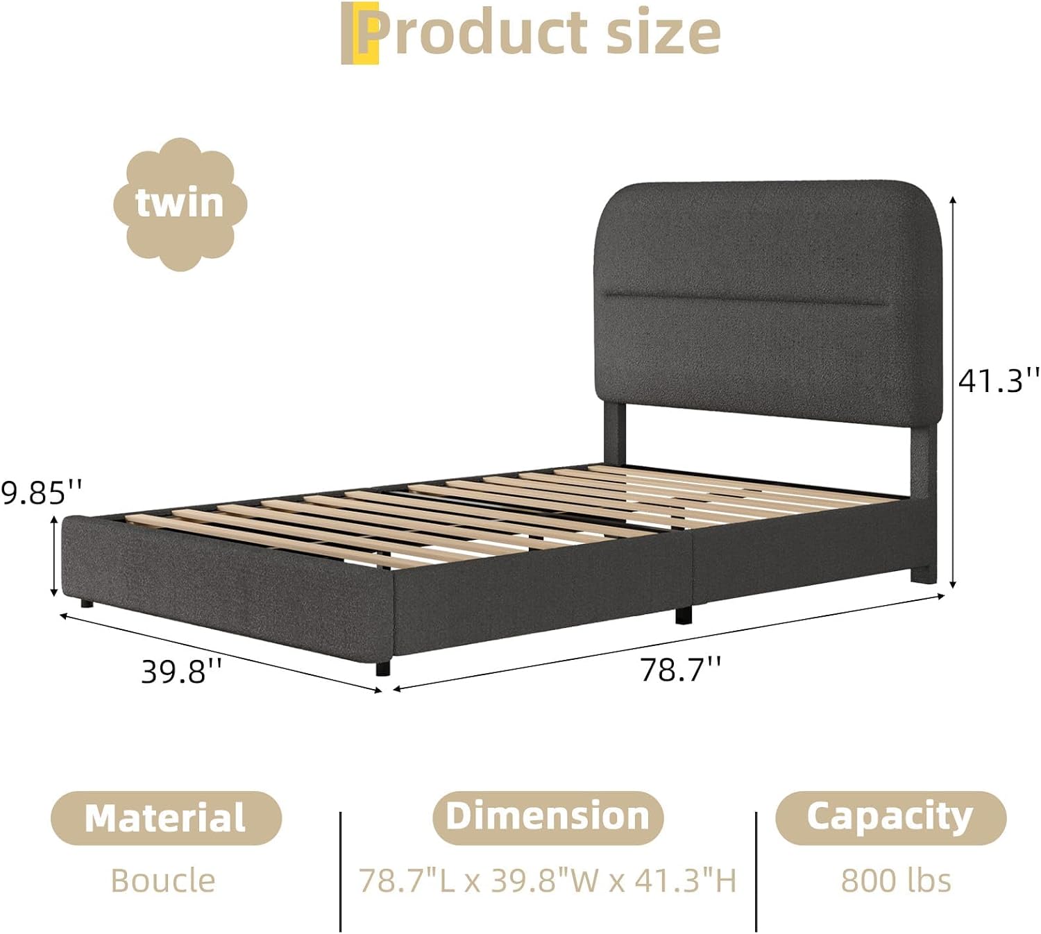 HOMBCK Twin Bed Frames, Upholstered Twin Bed Frame with Rounded Headboard, Soft Modern Twin Size Boucle Bed Frame with Thickened Footboard, Rounded Corners, No Box Spring Needed, Easy Assembly, Grey