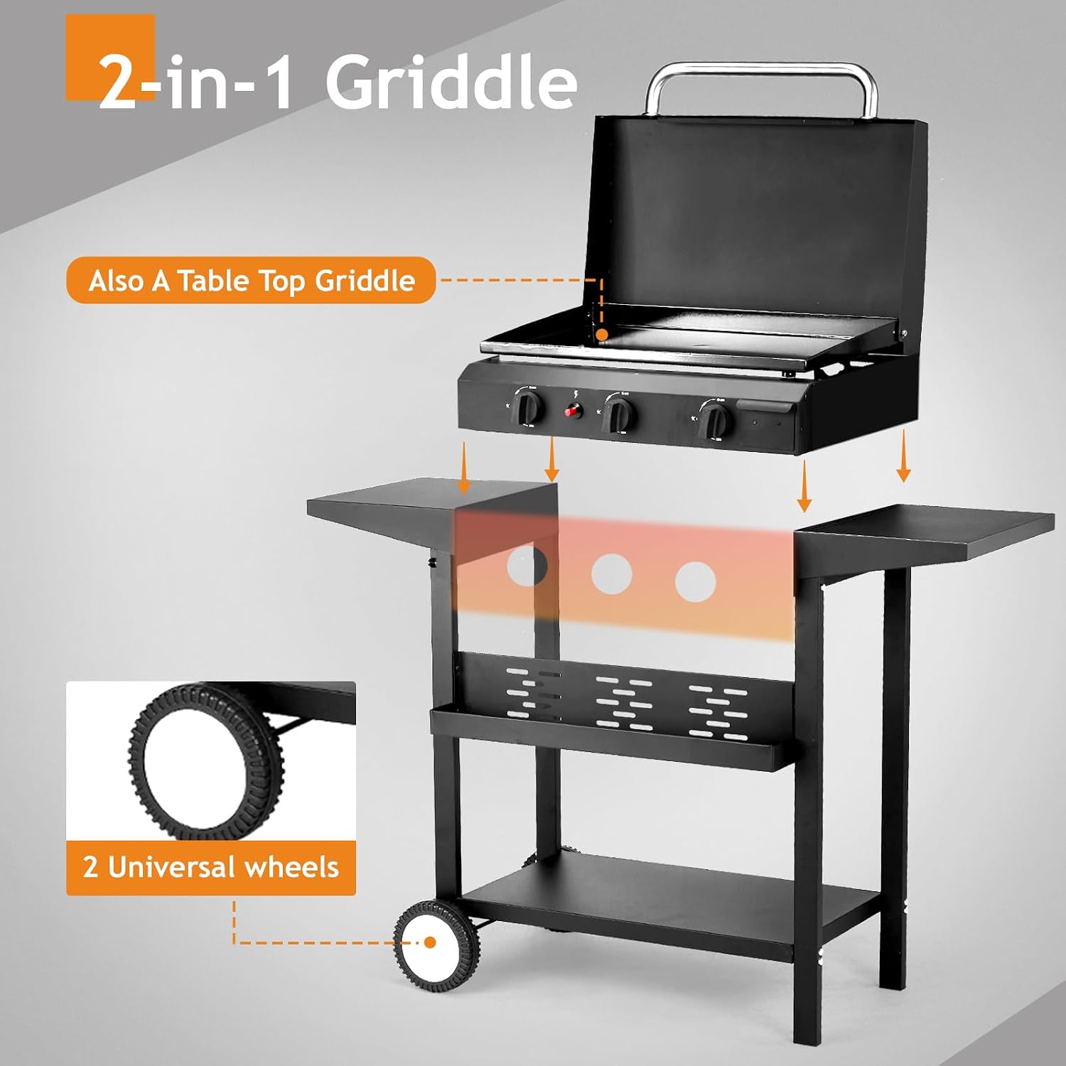 Vasitelan 3 Burners Gas Griddle, Portable Flat Top Gas Grill-Table Top Griddle Station with Side Shelves for Kitchen, Outdoor BBQ, Camping