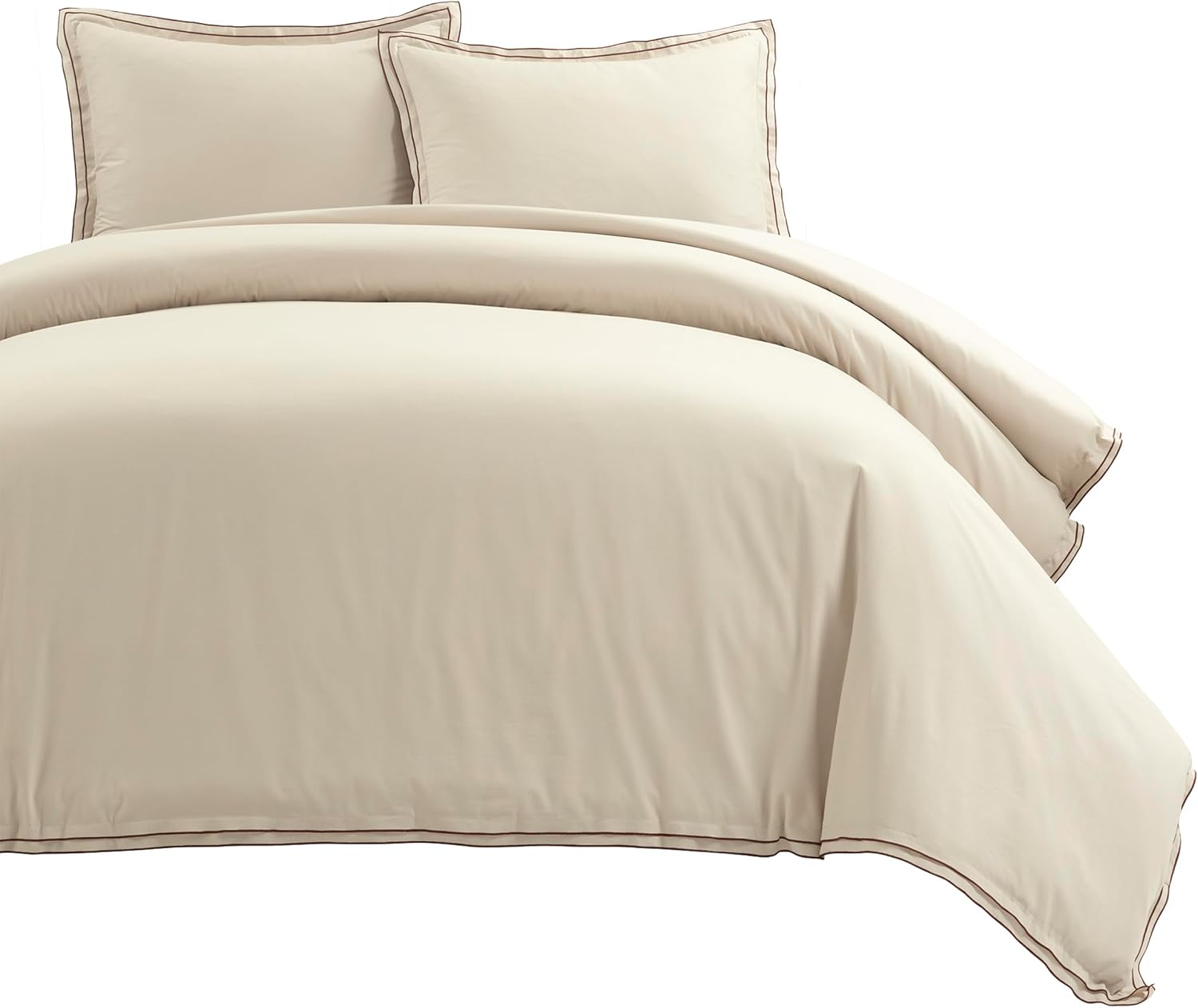 Lush Decor Hampton Double Flange Embroidered Contrast Edge Cotton Duvet Cover Set, 3 Piece Set, Full/Queen, Neutral & Copper - Luxury Hotel Bedding Set - Beige Duvet Cover - Minimalist Decor