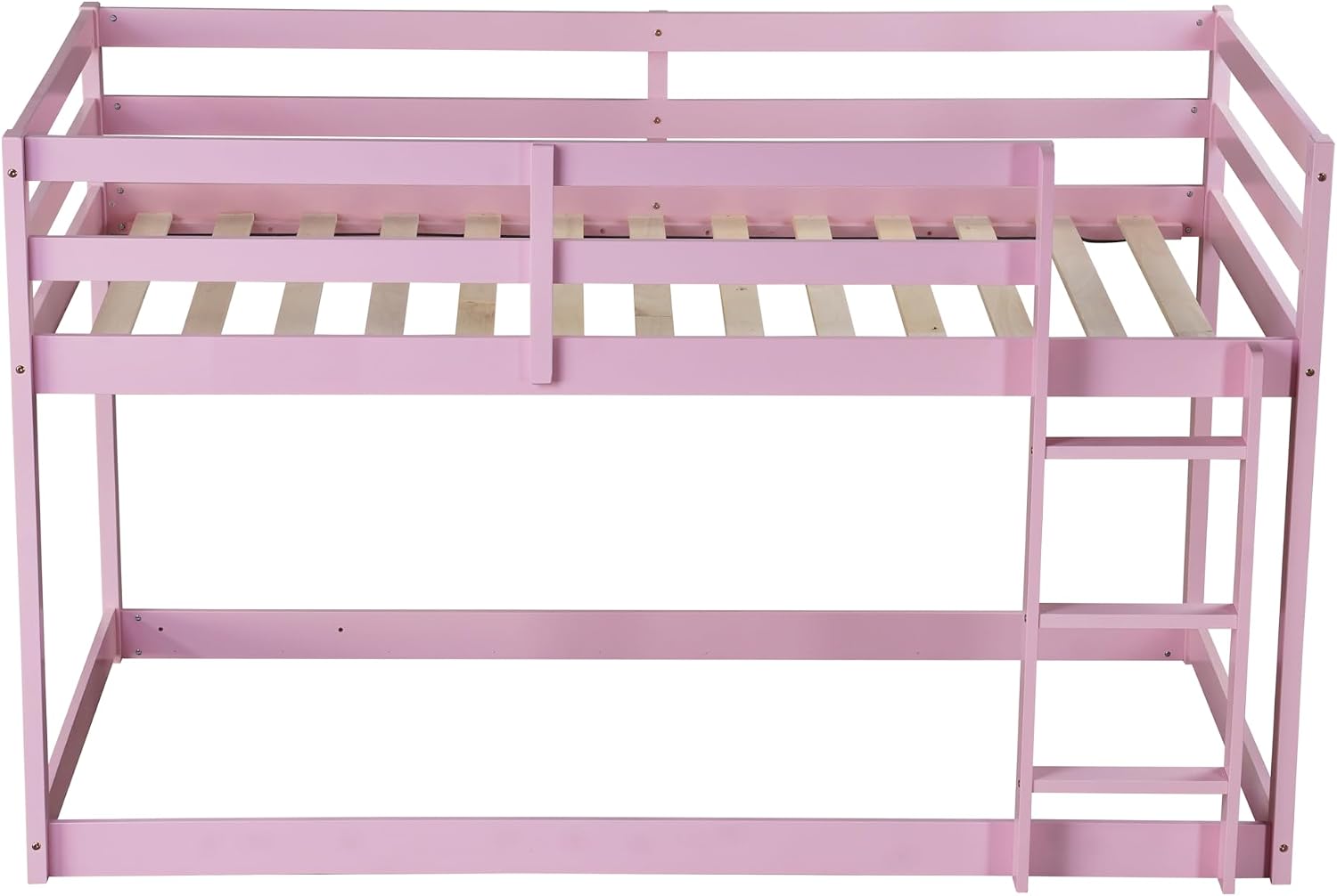 Bunk Bed Twin Over Twin, Floor Bunk Bed with Ladder, Safety Guard Rails, Heavy Duty Wooden Twin Bunk Beds Frame Low Bunkbeds No Box Spring Required, Pink