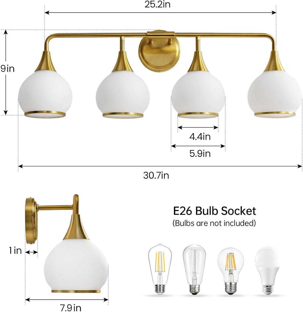 Brass Gold Bathroom Light Fixtures 4-ights Vanity Lights with Milky White Frosted Glass Shade Bathroom Vanity Light 30.7 inch Wall Sconce Lighting Bath(Exclude E26 Bulb)