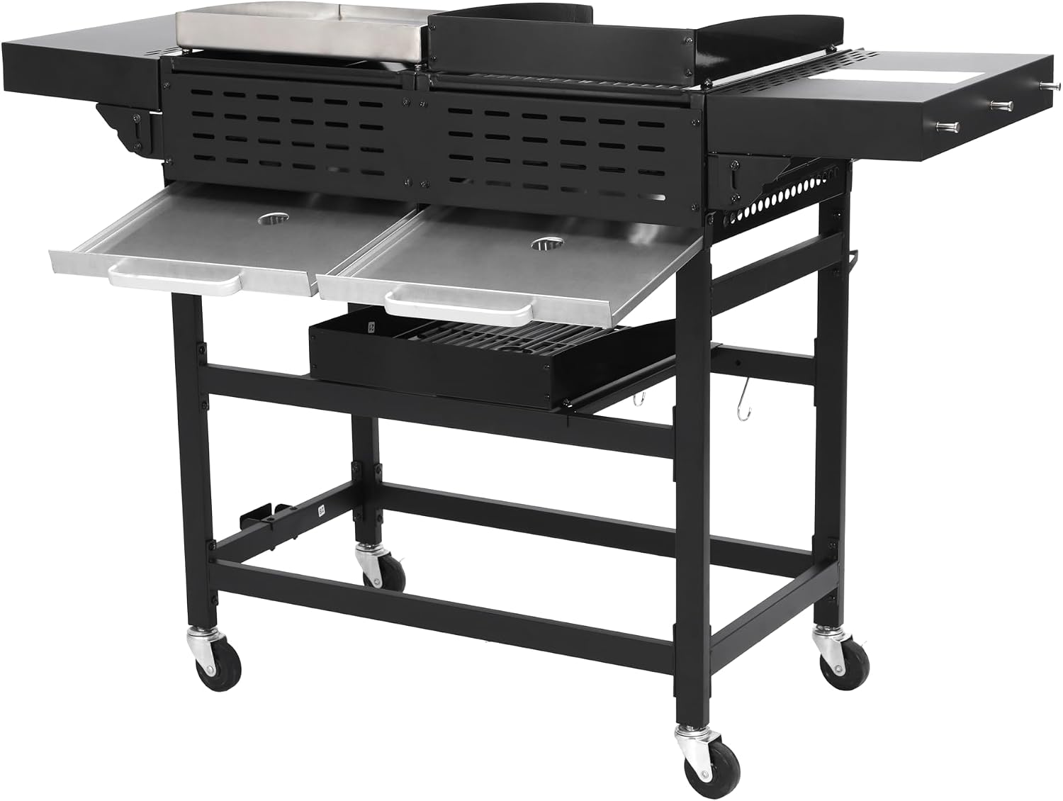 4 Burners Propane Gas Grill and Griddle Combo, 38,200 BTU, BBQ Grill with Plancha for Camping, 4 Wheels for Easy Moving, Fixed Shelf for Barbecue, Outdoor Patio Backyard Party, Stainless Steel Panel