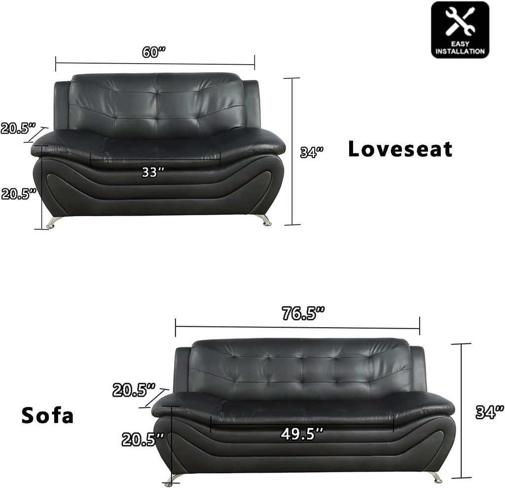 Contemporary Living Room Furniture Set, Faux Leather Sofa Set for Living Room/House/Bedroom/Office/Apartment (Black-A, Sofa,Loveseat), F45&F46