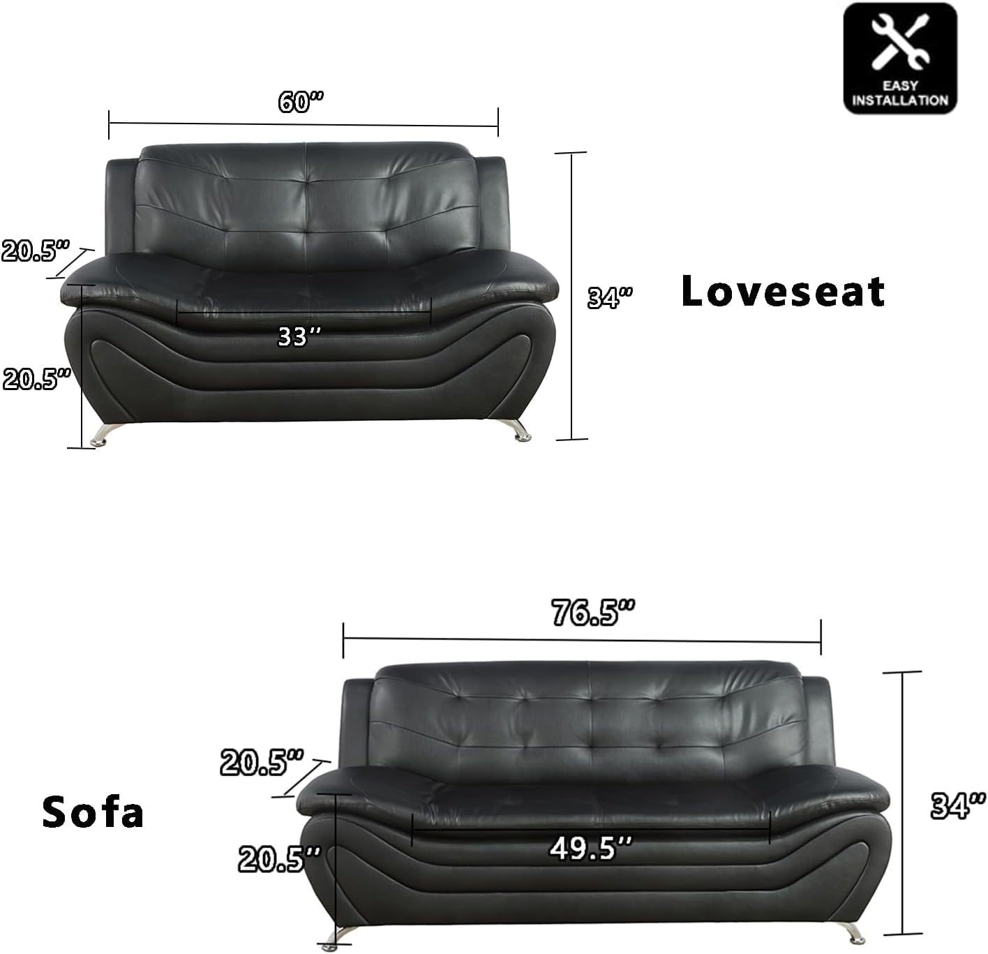 Contemporary Living Room Furniture Set, Faux Leather Sofa Set for Living Room/House/Bedroom/Office/Apartment (Black-A, Sofa,Loveseat), F45&F46