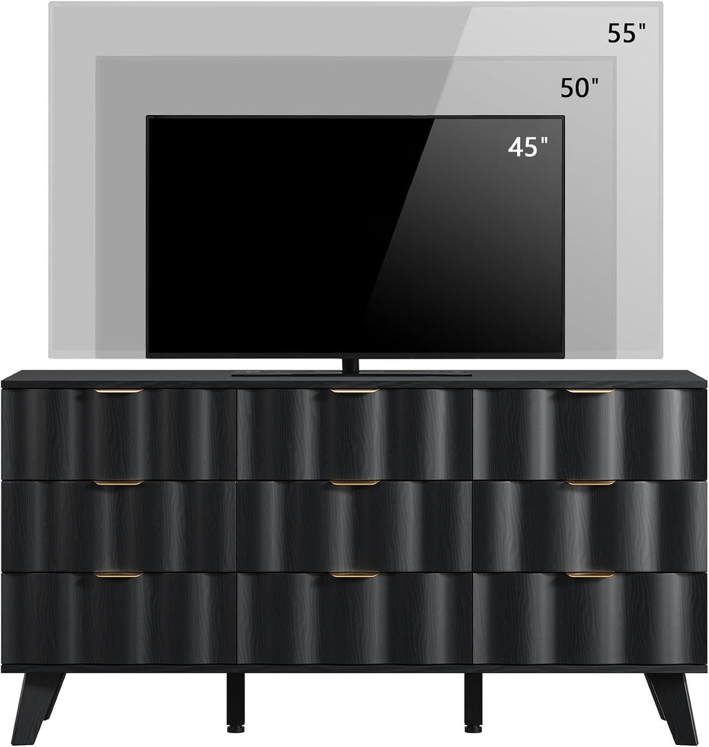 9 Drawer Dresser, Modern Fluted Storage Dresser with Deep Drawers and Metal Handles, Wood Chest of Drawers Storage Organizer for Bedroom, Living Room, Hallway (Black)