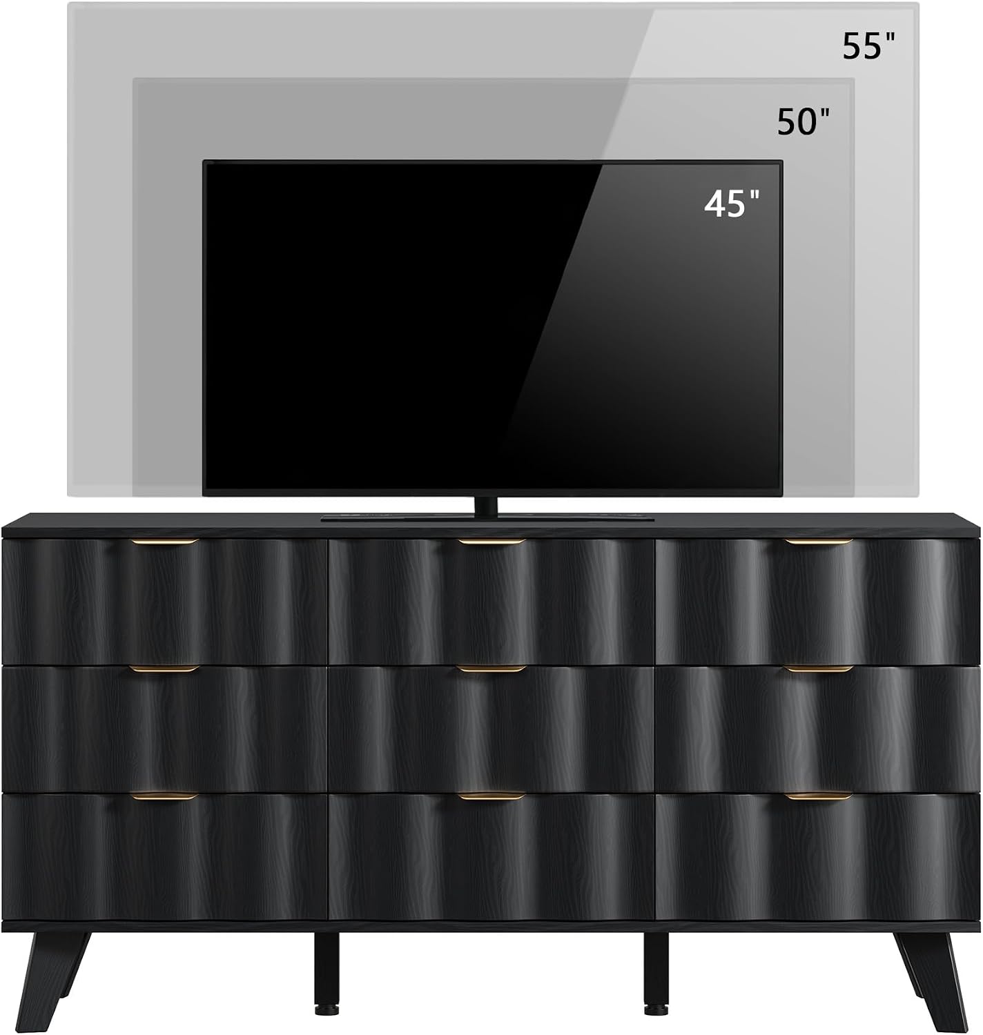 9 Drawer Dresser, Modern Fluted Storage Dresser with Deep Drawers and Metal Handles, Wood Chest of Drawers Storage Organizer for Bedroom, Living Room, Hallway (Black)