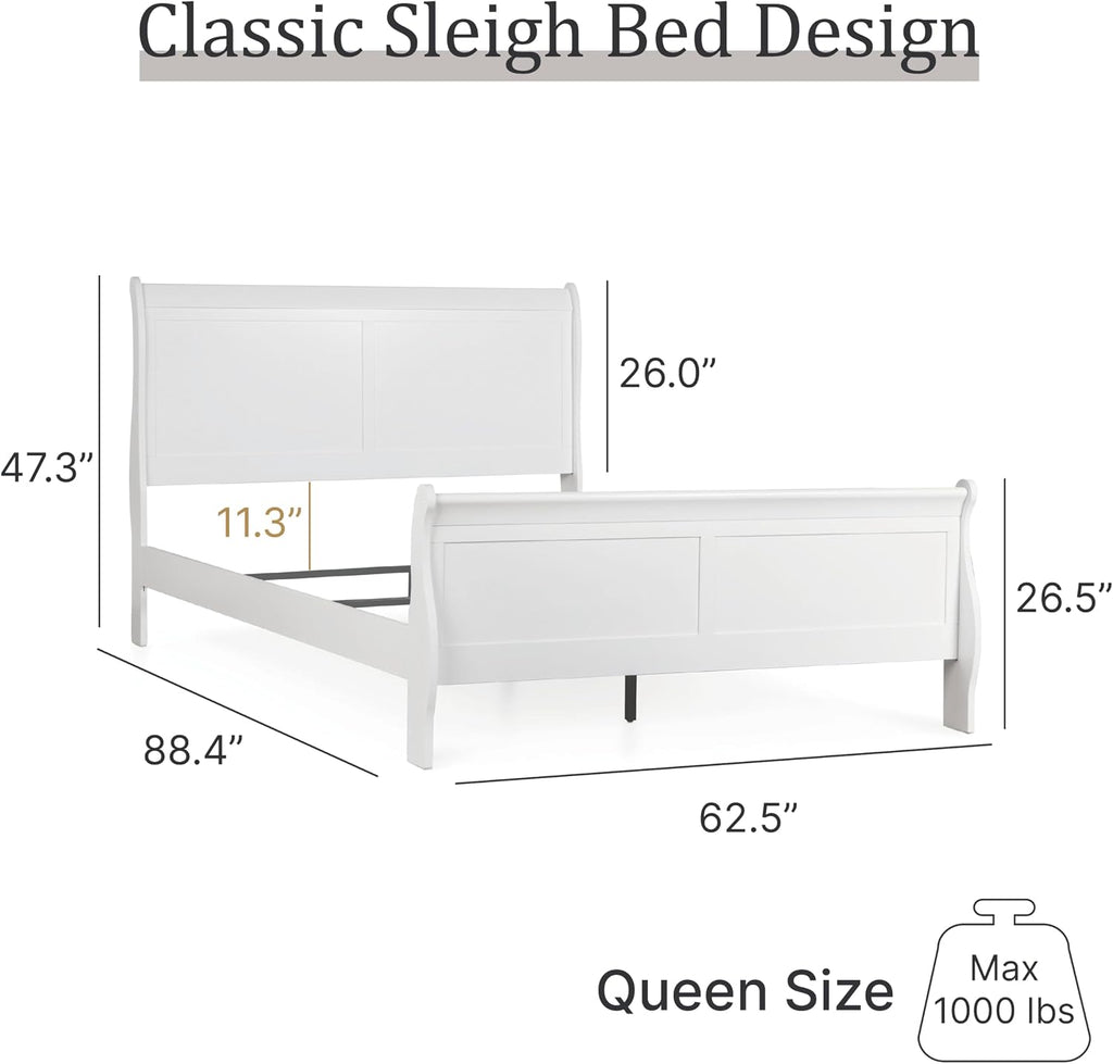 Furniture of America Louis Philippe Traditional Wood Bed Frame with Headboard and Footboard, Elegant Sleigh Design Bedframe for Bedroom, Guest Room, Easy Assembly, Box Spring Required, Queen, White