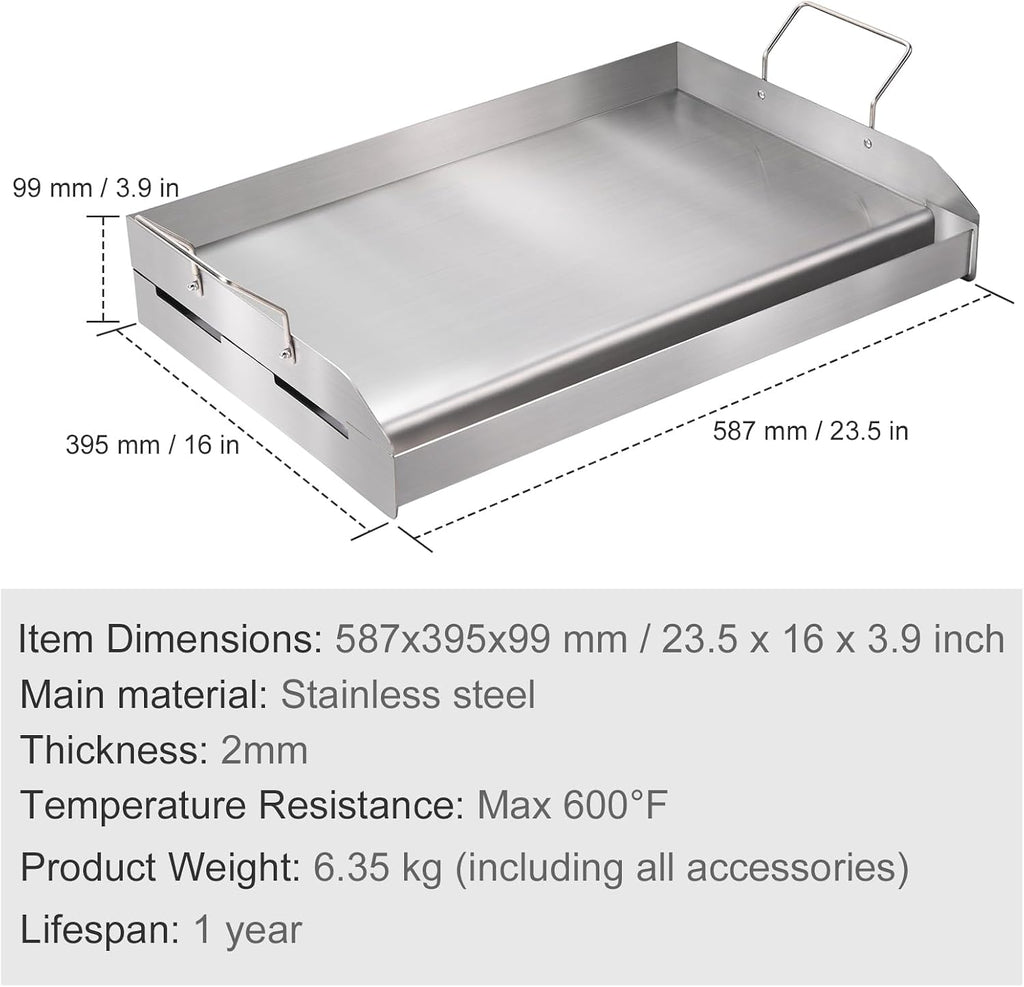 Happybuy 23.5'x16' Stainless Steel Stove Top Griddle, Pre-Seasoned Non-Stick Double Burner Pan with Handles & Oil Groove for BBQ, Gas Grills, Silver