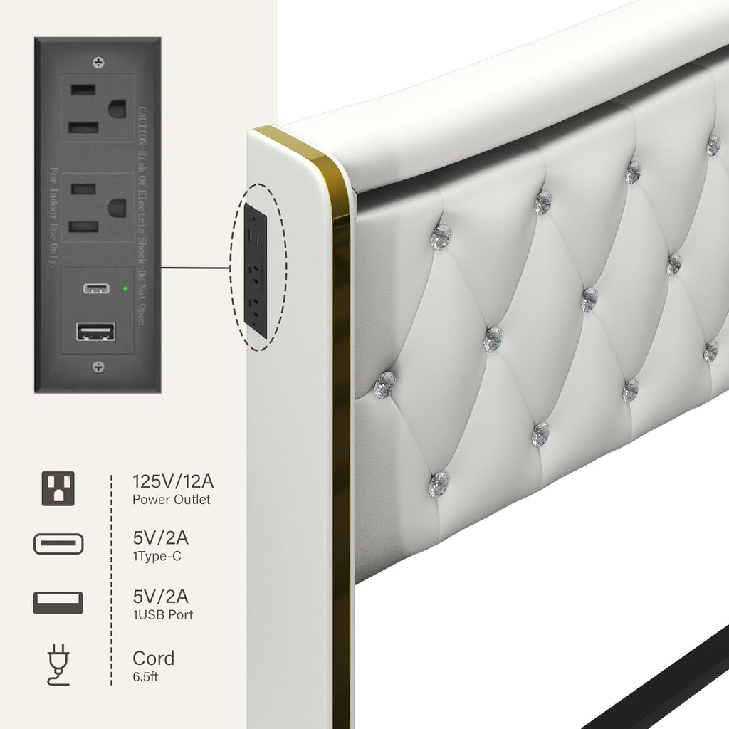 E-Motie Full Size Bed Frame with Wingback Headboard, Upholstered Platform Bed with RGB LED Lights, Charging Station, 4 Storage Drawers & Metal Slat Support, No Box Spring Needed, White