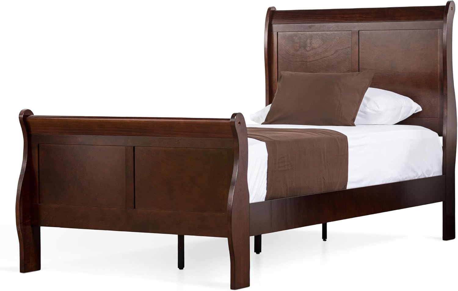 BOWERY HILL Transitional Solid Wood Twin Sleigh Bed, Cherry Finish, Paneled Headboard and Footboard, 83.5 in x 41.38 in x 47.25 in, Kids Bedroom Furniture, Durable MDF and Veneer Construction