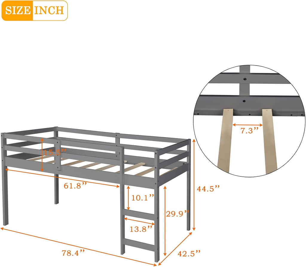 Bellemave Low Loft Bed Wood Loft Bed Frame with Storage Cabinet and Rolling Portable Desk for Kids and Teen, Boys, Girls, Twin,Gray