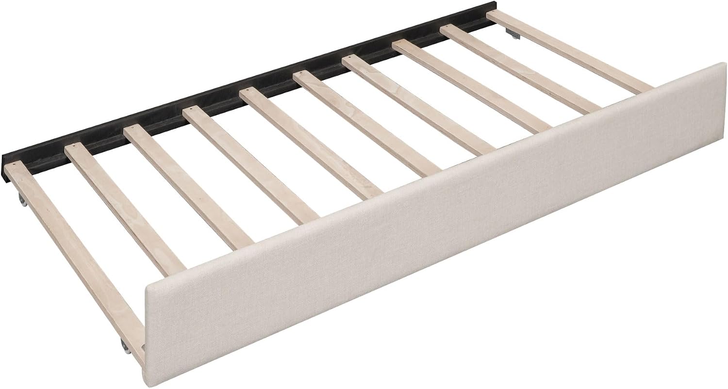JYH Queen Bed Frame with Storage - Modern Upholstered Platform Bed with Wood Slats Support, Twin Size Trundle & Convenient USB Ports, Space Saving Design for Dormitory, Apartment, Guest Room, Beige