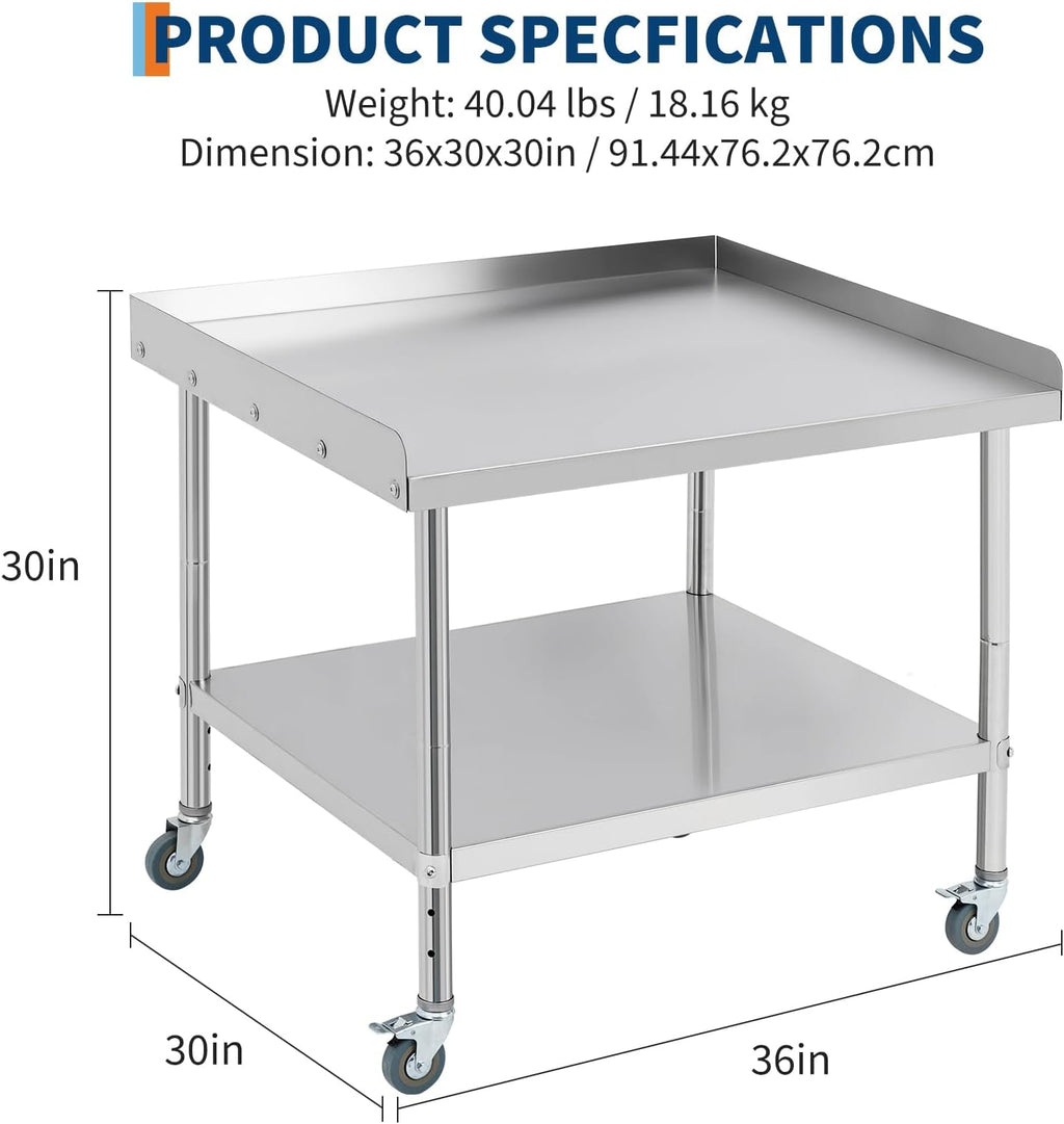 Equipment Grill Stand Table 36x30x30 Inch Stainless Steel NSF Certified 400 Lbs Capacity with Adjustable Legs, 2' Edge Baffle, for Hotel, Home, Commercial Restaurant Kitchen