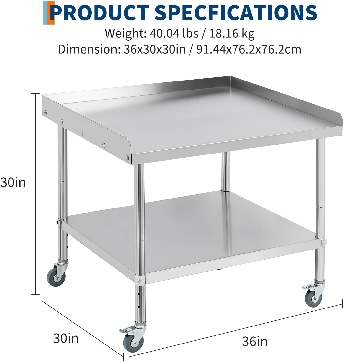 Equipment Grill Stand Table 36x30x30 Inch Stainless Steel NSF Certified 400 Lbs Capacity with Adjustable Legs, 2' Edge Baffle, for Hotel, Home, Commercial Restaurant Kitchen