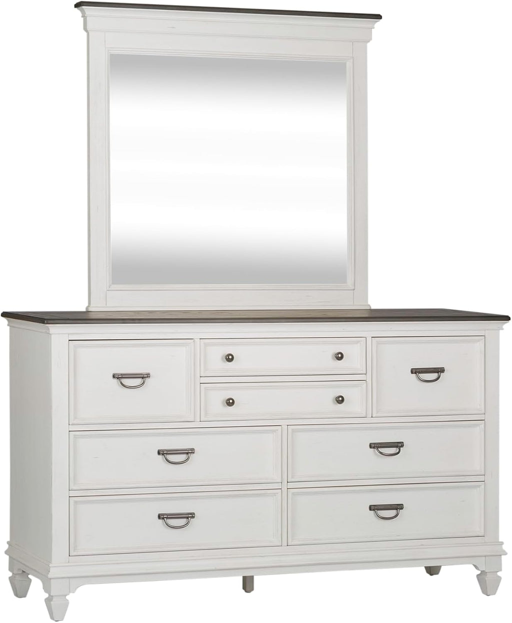 Liberty Furniture Allyson Park California King Panel Bed, Dresser & Mirror, Night Stand Cottage Bedroom Furniture Set - Wirebrushed White w/Charcoal Tops