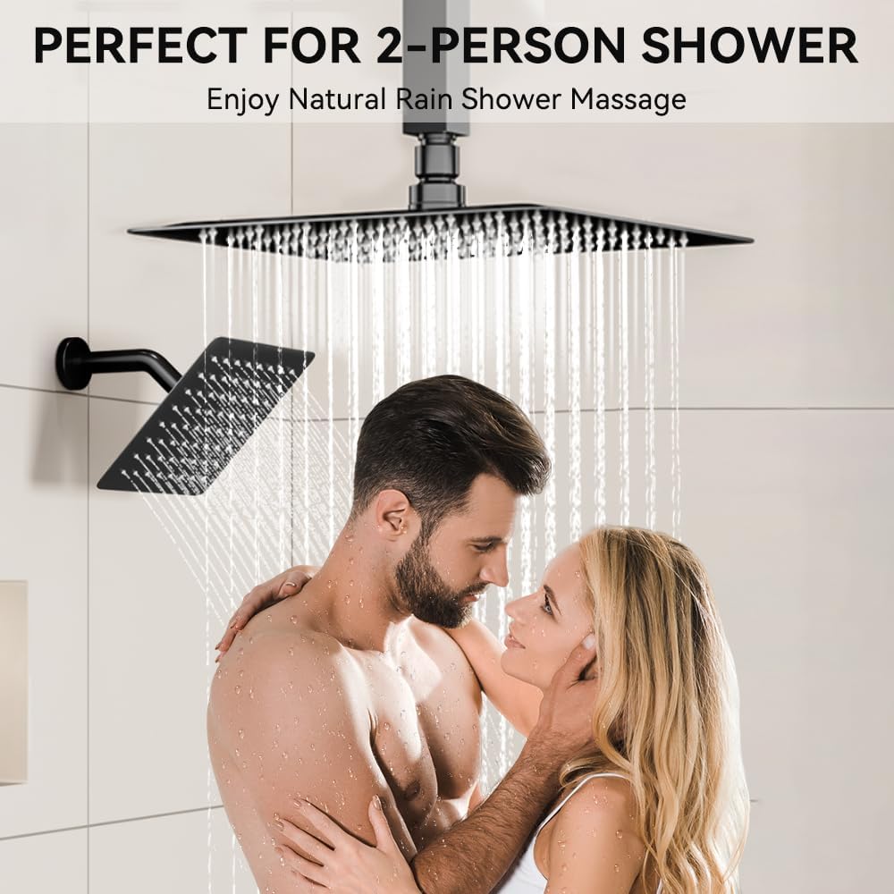 Thermostatic Shower System Matte Black Push Button Shower Faucet Set,12' Ceiling Rainfall and 6' Wall Mount Rain Shower with 2 in 1 Handhled, Can Use All at Once, Shower Set with Valve and Trim Kit