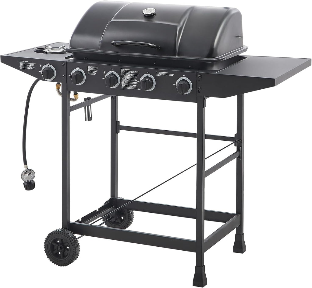 Black 4 Burner Propane Gas BBQ Grill with Side Burner, 42000 BTU Output Stainless Steel Barbecue Grill with Enameled Grates and Side Tables for Outdoor Cooking Patio Backyard (4+1)
