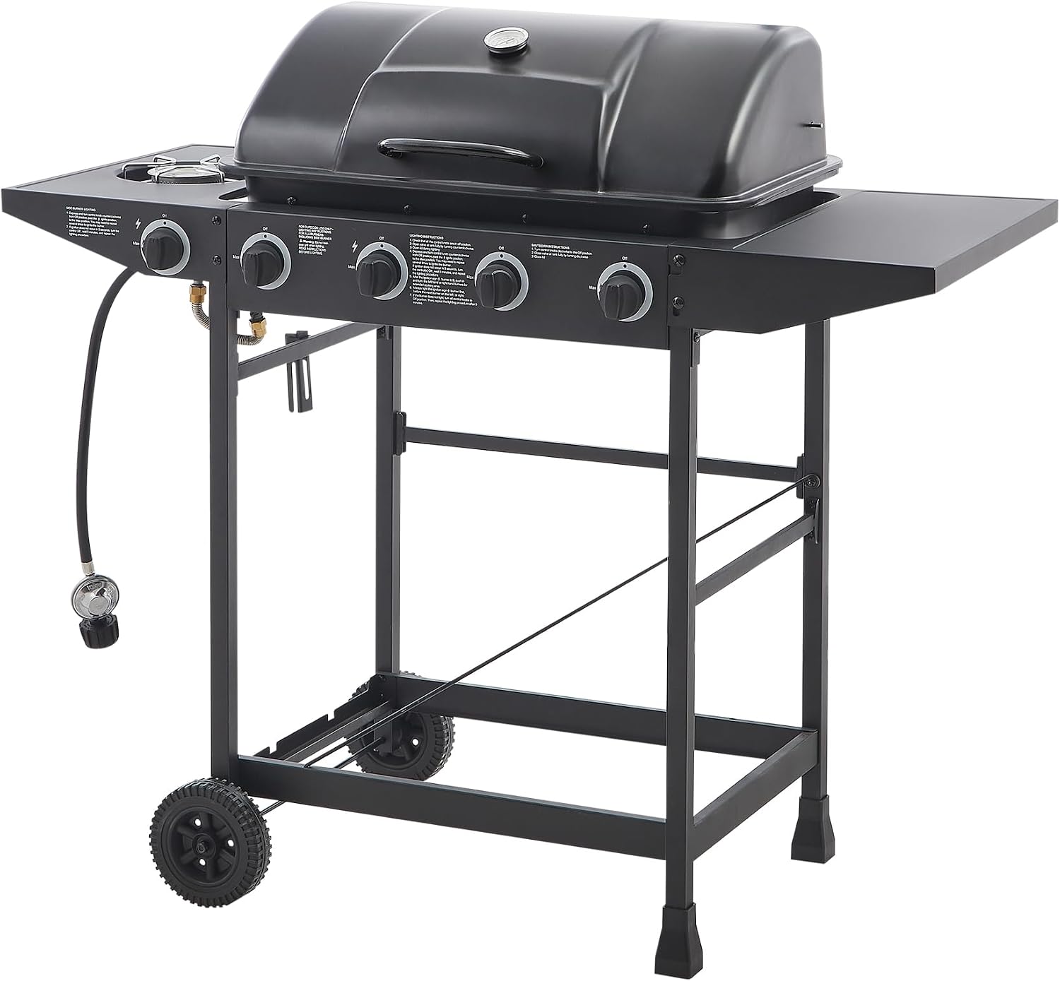 Black 4 Burner Propane Gas BBQ Grill with Side Burner, 42000 BTU Output Stainless Steel Barbecue Grill with Enameled Grates and Side Tables for Outdoor Cooking Patio Backyard (4+1)