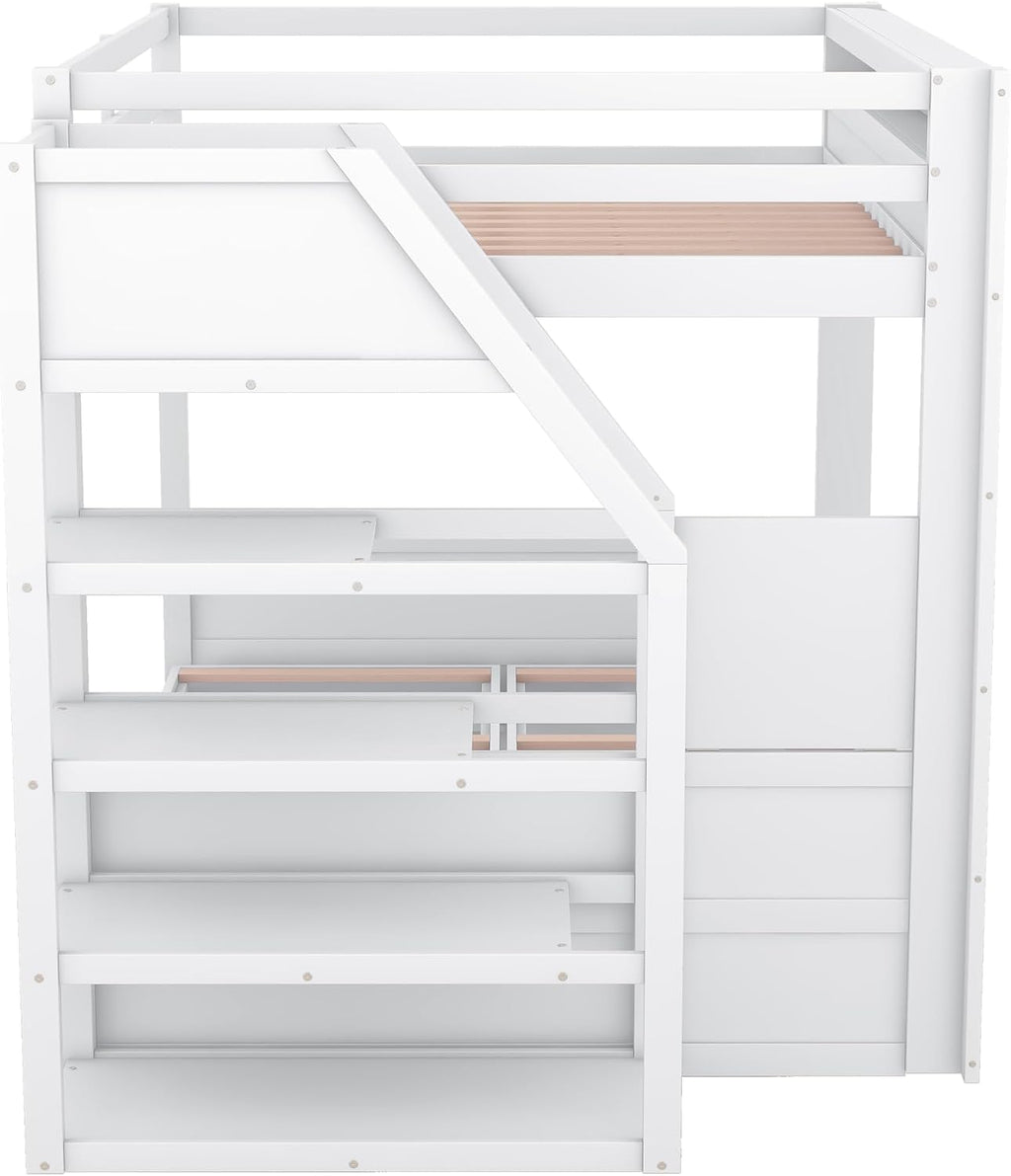 Harper & Bright Designs Full Over Full Bunk Bed with Storage Staircase and Bedside Table for 2, Wood Bunk Bed Frame with Drawers for Saving Space, White