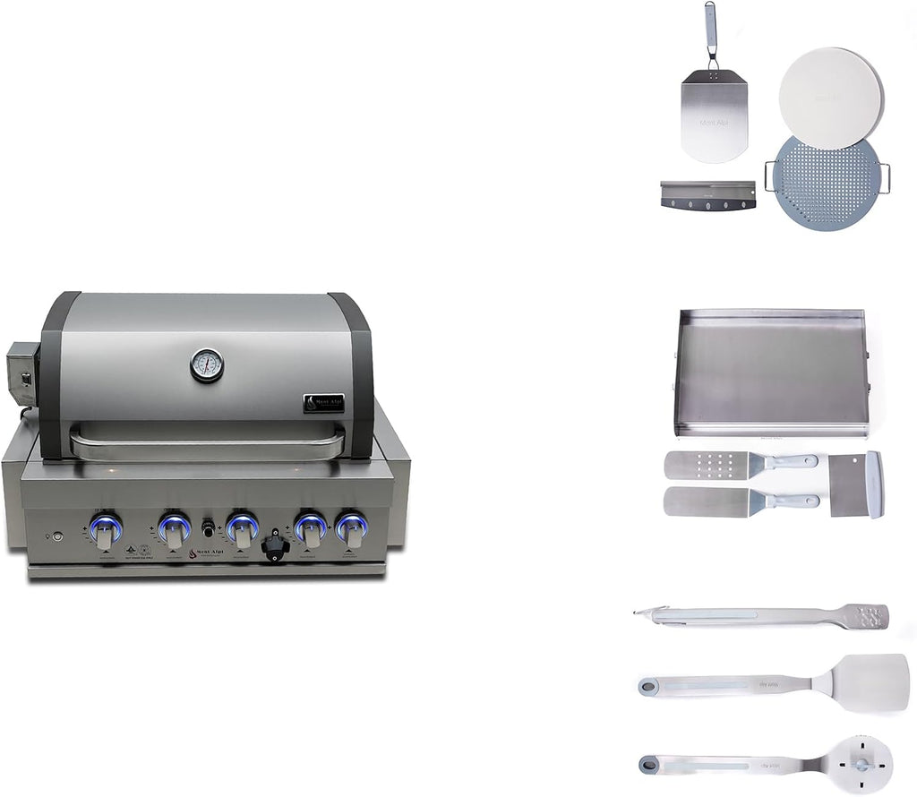 Mont Alpi MABi400-TOOLKIT 32-inch 4 Burner 63000 BTU Stainless Steel Built-in Gas Grill + Universal Flat Top Griddle Hot Plate Kit & Pizza Converter + Barbecue 3 Piece Tool Kit with Cleaning Brush