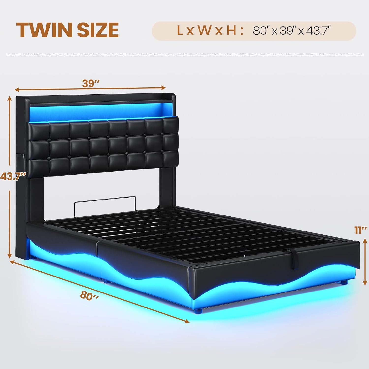 BTHFST Bed Frame Twin Size with Lift Up Storage, Power Outlet & RGB Lights, Upholastered Storage Headboard, Twin Bed with Heavy Duty Steel Slats, No Box Spring Needed, PU Black