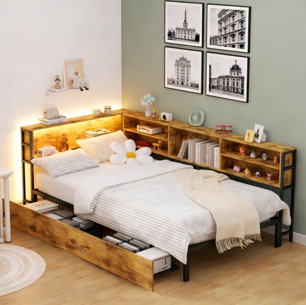 Bellemave Twin Corner Bed Frame with Storage, Twin Size Captains Bed with Charging Station and LED Light, Wood Daybeds with L-Shaped Bookcase and 2 Drawers, Brown