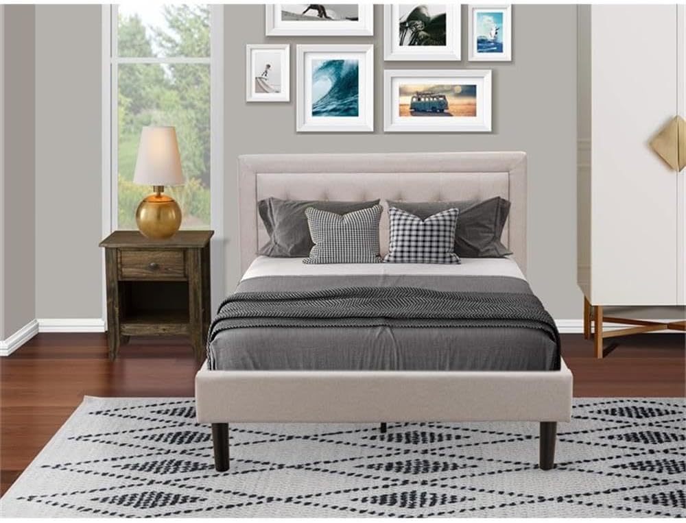 East West Furniture FN08F-1GA07 2-Pc Platform Bedroom Furniture Set with 1 Wood Bed Frame and a Bedroom Nightstand - Reliable and Durable Manufacturing - Mist Beige Linen Fabric