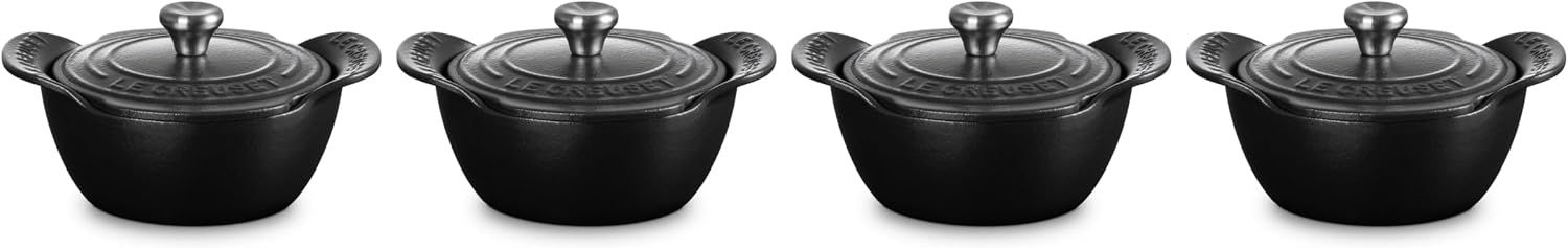 Le Creuset Enameled Cast Iron Gourmand Collection Set of 4 Mini Round Cocotte, .3 qt., Matte Black w/Stainless Steel Knob