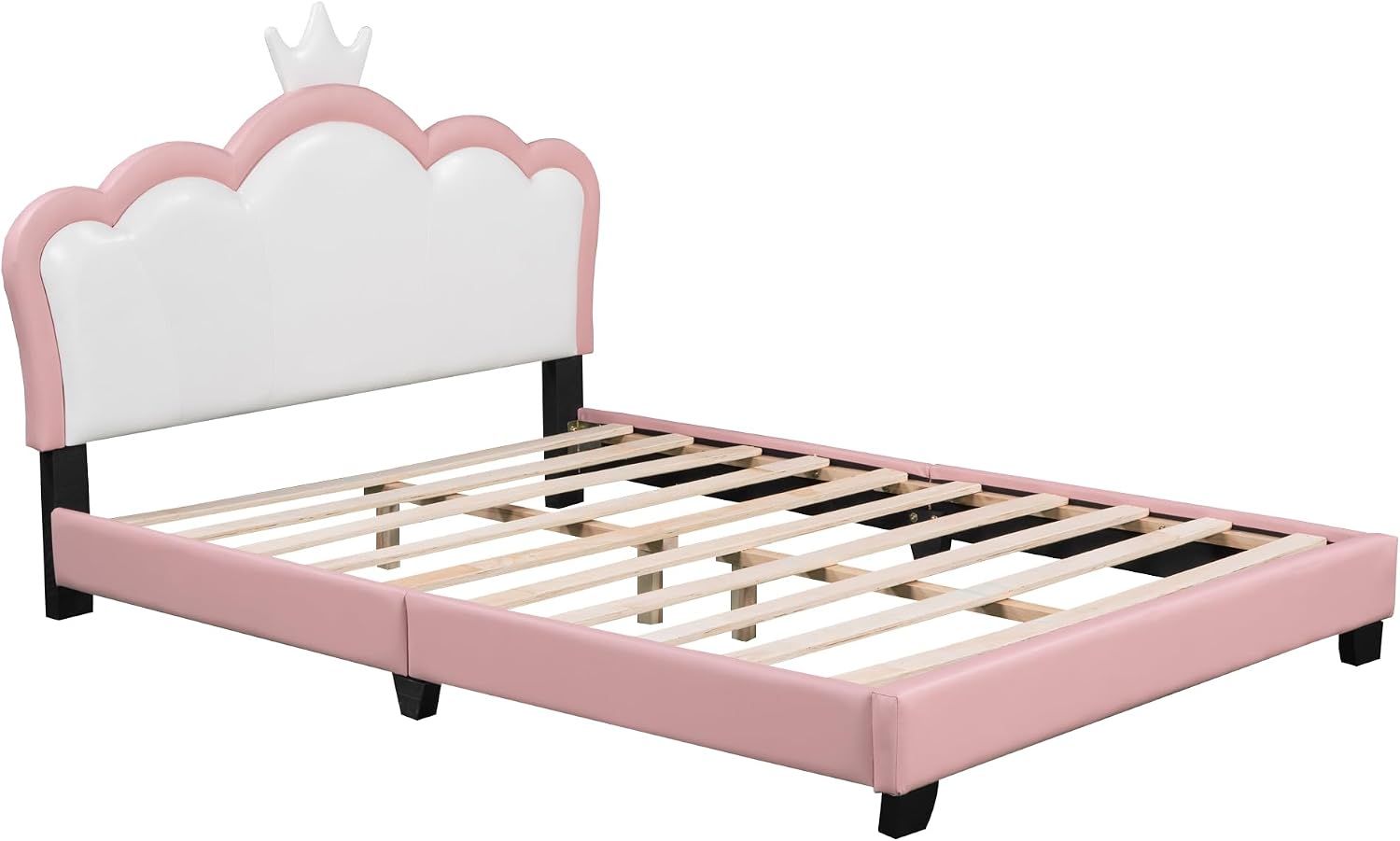 Merax Kid Full Upholstered Day Bed Frame with Crown Headboard, Wood Princess Low Platform Bed for Boys Girls,Easy Assemble White/Pink