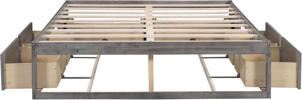 CITYLIGHT Queen Size Platform Bed with 6 Drawers, Wooden Queen Bed Frame with Storage and Wood Slat Support, Antique Grey