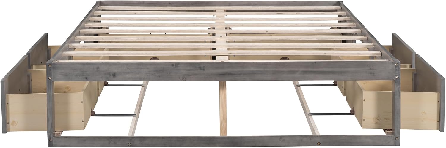 CITYLIGHT Queen Size Platform Bed with 6 Drawers, Wooden Queen Bed Frame with Storage and Wood Slat Support, Antique Grey