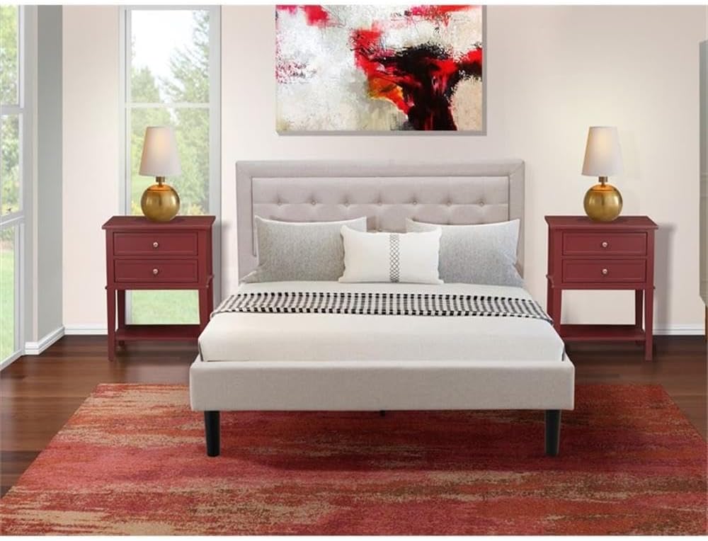 East West Furniture FN08Q-2VL13 3-Piece Fannin Queen Bed Set Furniture with 1 Queen Size Frame and 2 Small Nightstands - Reliable and Durable Construction - Mist Beige Linen Fabric