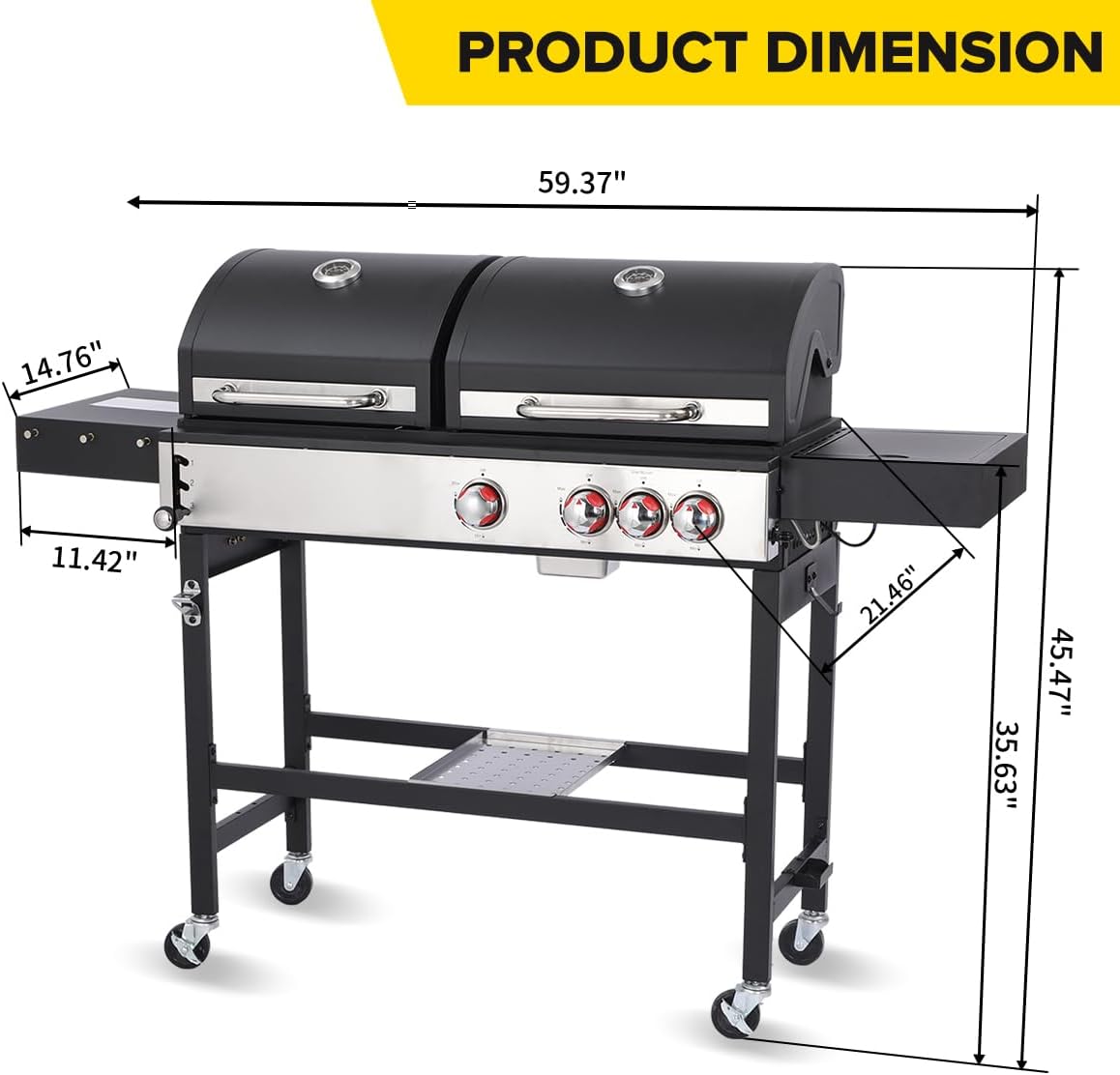 CIG GARDEN 3-Burner Dual Fuel Gas and Charcoal Combo Grill with Side Burner, 41,500 BTU Outdoor Barbecue, Cast Iron Grates - Perfect for Patio, Balcony, Backyard & Camping