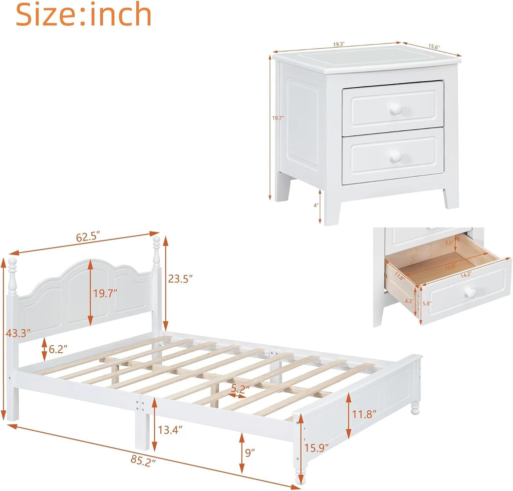 Retro Design 3-Pieces Bedroom Sets, Queen Size Wood Platform Bed and 2 Nightstands with 2 Drawers and Sturdy Slats Support for Apartment Bedroom (Queen, White)