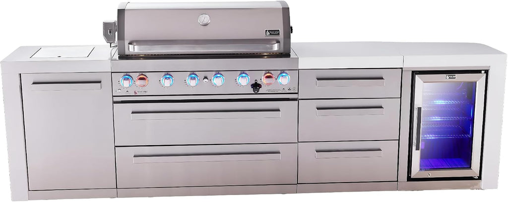 Mont Alpi 119'W Stainless Steel Deluxe Modular Outdoor Kitchen Island with Infrared Rotisserie & Side Burner + Refrigerator + 44'W 6-Burner BBQ Grill + Granite Countertops + Storage Cabinets & Drawers