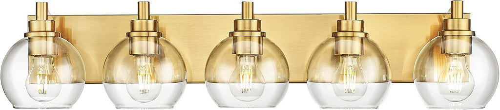 Bathroom Light Fixtures, 5 Light Brushed Gold Vanity Light, 32 Inch Modern Wall Sconces with Globe Clear Glass Shade, Vanity Lighting Fixtures Over Mirror, VL195-BG-CL-5
