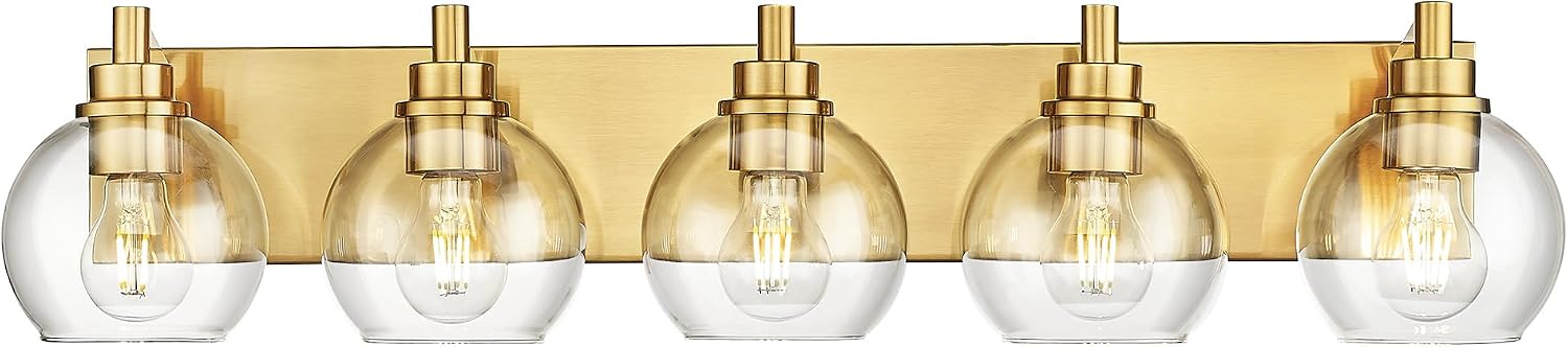 Bathroom Light Fixtures, 5 Light Brushed Gold Vanity Light, 32 Inch Modern Wall Sconces with Globe Clear Glass Shade, Vanity Lighting Fixtures Over Mirror, VL195-BG-CL-5