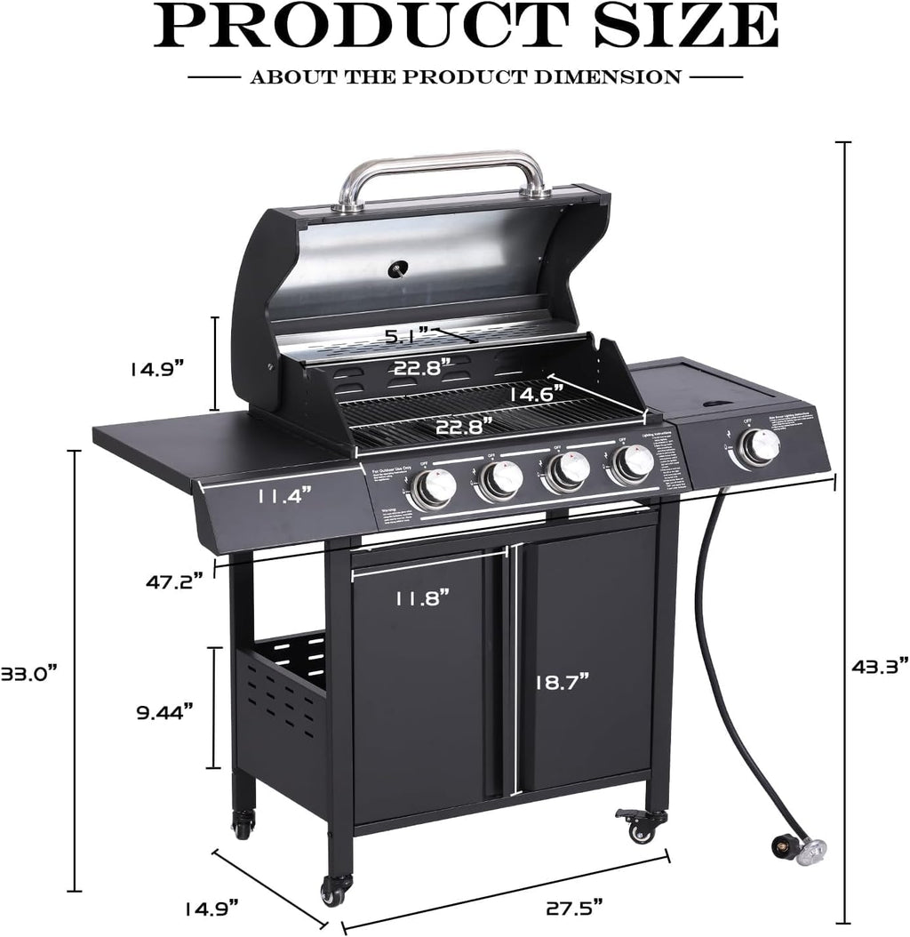 MAGIC UNION 4-Burner Propane Gas Grill with Side Burner, Portable Outdoor BBQ Grill with Wheels, Stainless Steel Grates, Side Tables & Spice Rack, 50000 BTU for Patio (4 Burner Grill)
