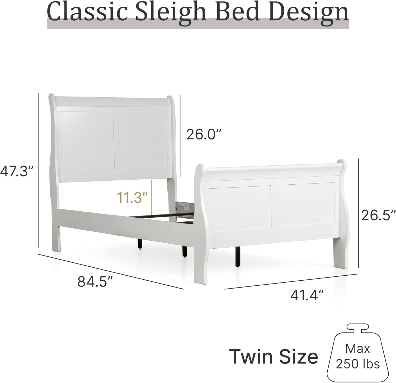 Furniture of America Louis Phillipe Traditional Wood Twin Bed Frame with Headboard and Footboard, Elegant Sleigh Design Bedframe for Bedroom, Guest Room, Easy Assembly, Box Spring Required, White